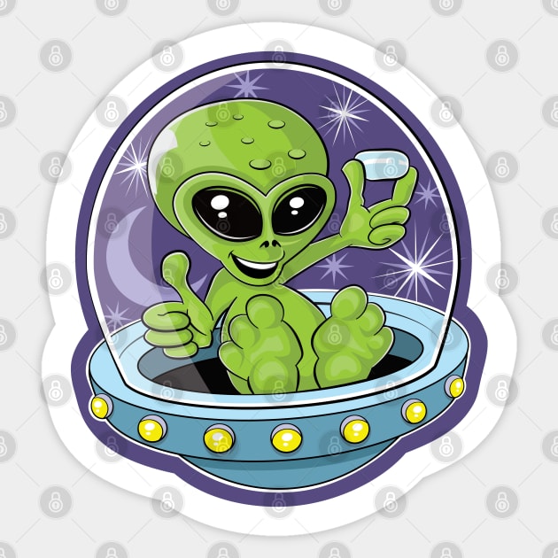 Illustration of a cute alien holding candy in a flying saucer Sticker by RobiMerch